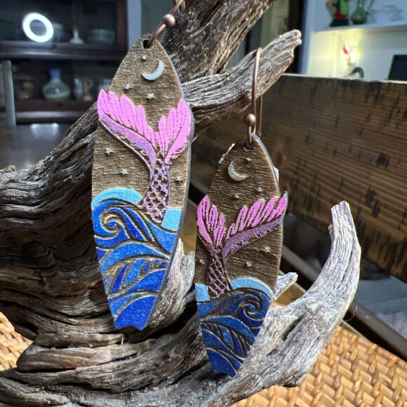 Surfboard Mermaid Earrings wood dangle  Laser Engraved Ocean Moon - Picture 1 of 4